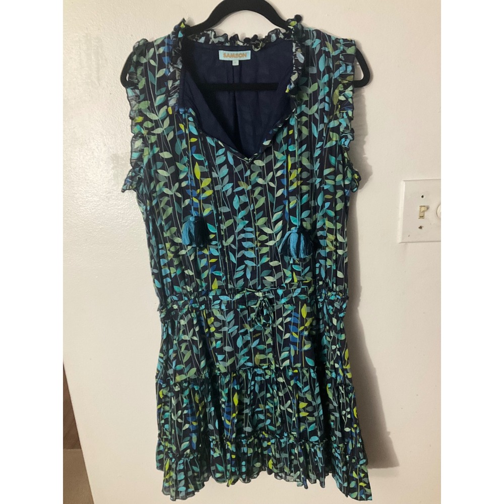 Samson Women XL Blue Green Leaf Print Ruffle Tassel Tiered Cotton Mini Dress